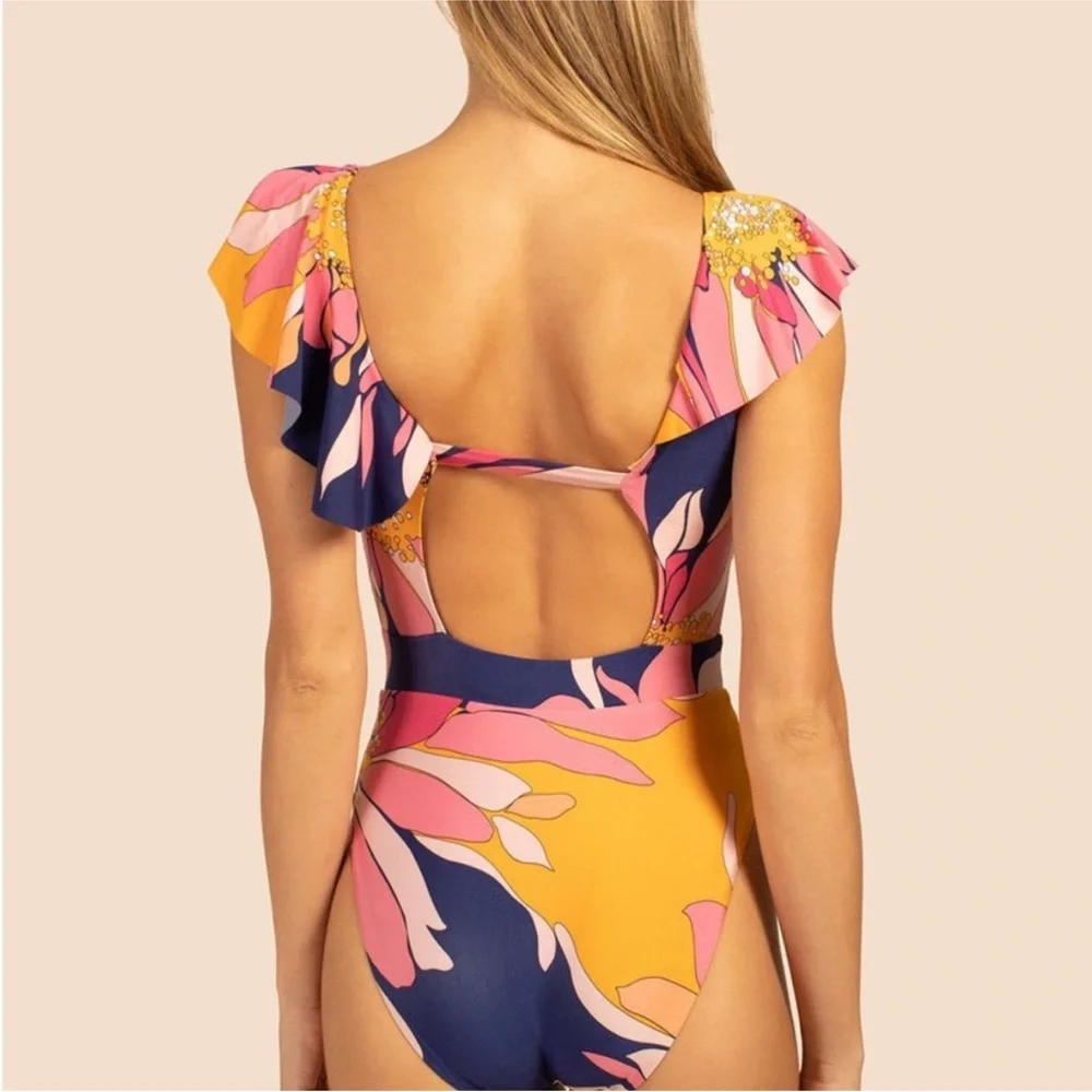 Trina Turk Breeze Ruffle Plunge One-Piece Swimsuit, Retro Multi-Color NWT - Picture 5 of 15